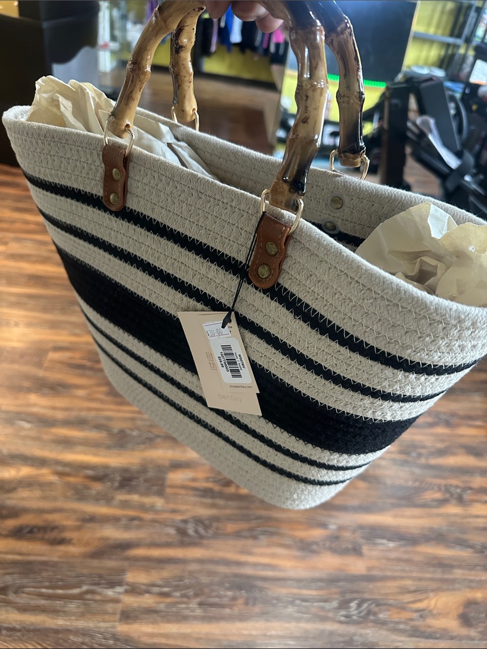 Bentley Striped Woven Tote Bag with Bamboo Handles - Black & Cream